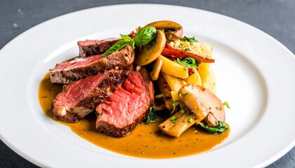 Slices of flavorful, cooked beef with a rich brown sauce, served alongside saut?ed vegetables and mushrooms on a white plate.