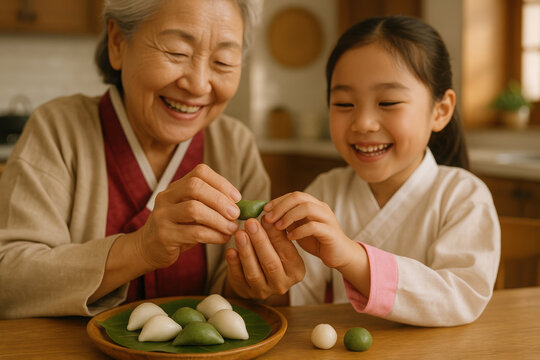Grandmother and granddaughter enjoying traditional korean rice cakes together