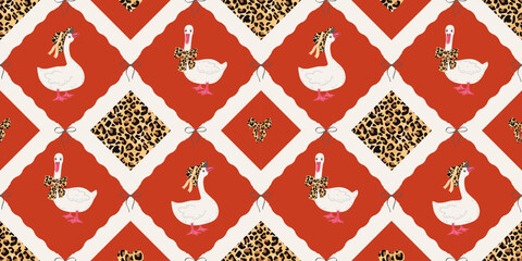 Trendy seamless vector pattern with stylish white geese in leopard accessories on bright red background. Perfect for fabric, wrapping, fashion and decor. © Kapalakus
