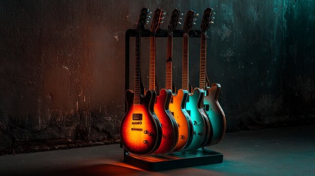Electric guitars displayed under colorful lights