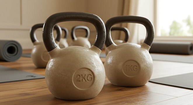 Kettlebells on Wooden Floor in Private Studio with Morning Sunlight