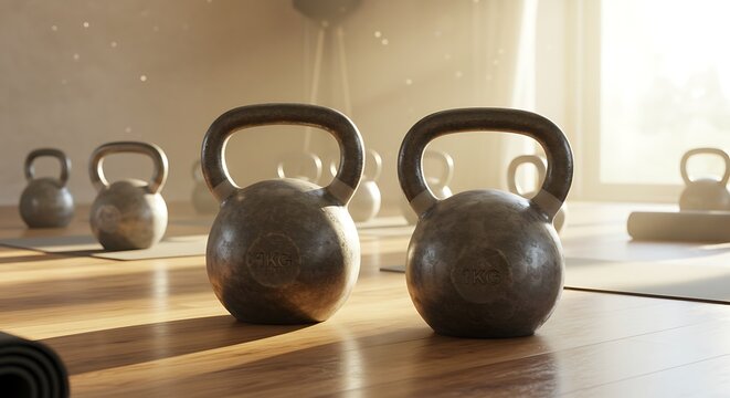 Kettlebells on Wooden Floor in Private Studio with Morning Sunlight - Powered by Adobe