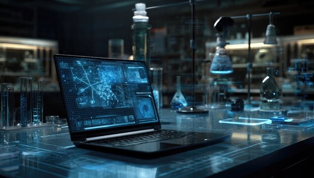 Laptop displaying scientific data in a dimly lit laboratory