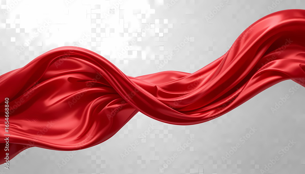 Poster a flowing red silk fabric gracefully draped against a soft gray background with subtle textures visi