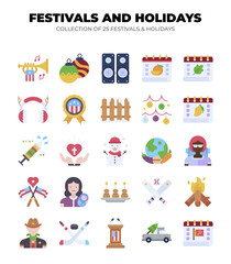 Fototapeta premium Collection of 25 Festivals and Holidays. Flat Icon Set