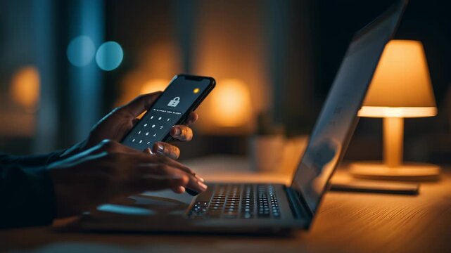 Close Up Hands Using Smartphone for Two Factor Authentication with Laptop in Dim Light, Enhancing Security and Technology in Cozy Environment