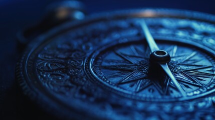Detailed close-up of antique compass pointing north in blue tones against dark blurred background, symbolizing navigation, exploration and vintage travel concepts with isolated focus and metallic text