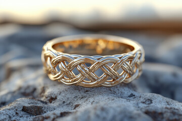 Gold Celtic ring resting on a rock.