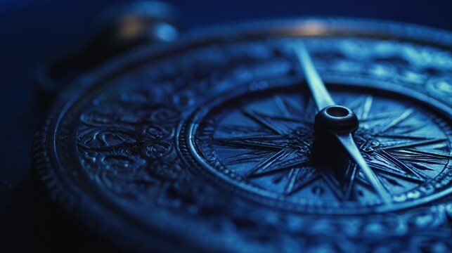 Detailed close-up of antique compass pointing north in blue tones against dark blurred background, symbolizing navigation, exploration and vintage travel concepts with isolated focus and metallic text
