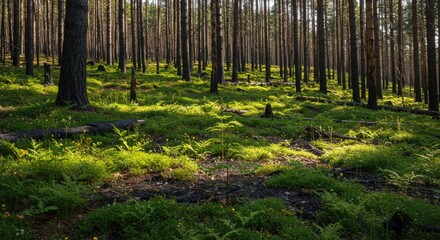 Obraz premium Sun-dappled Forest Floor: Lush Greenery and Tall Trees, Serene Nature.