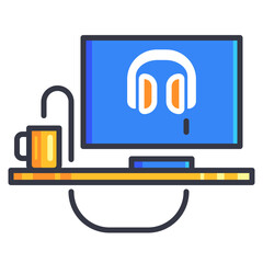 Desk with headphones icon. A flat, simple line icon depicting a working table or a computer desk setup.