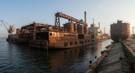 Sun-Drenched Rust: Derelict Shipyard at Golden Hour