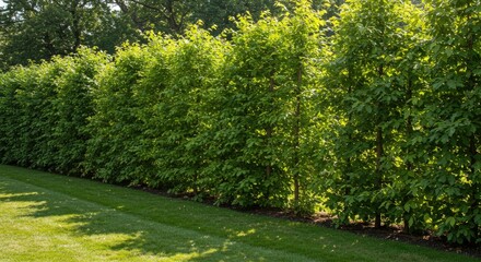 Obraz premium Sunlit Green Beech Hedge: Lush, Textured Garden Wall