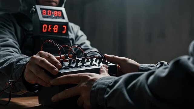Two People Holding a Bomb with Digital Timer and Red Wires in Dark Room