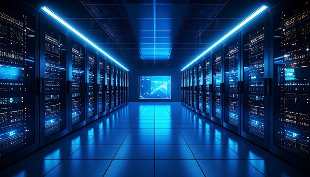 A futuristic server room lit by vibrant blue light
