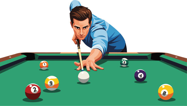 Flat illustration of man playing billiards with cue stick in game room, modern minimal vector art of indoor leisure activity and sports concept.