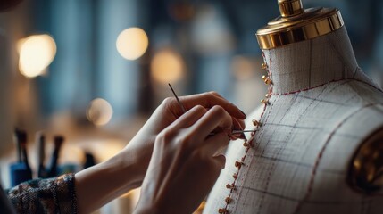 Fashion designer pinning garment details