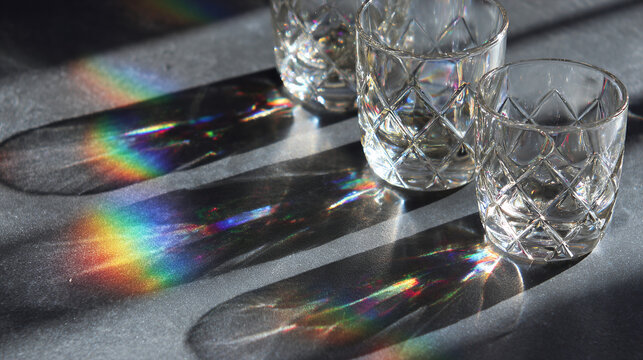 Abstract Sunlight Prism Refraction Through Crystal Glasses