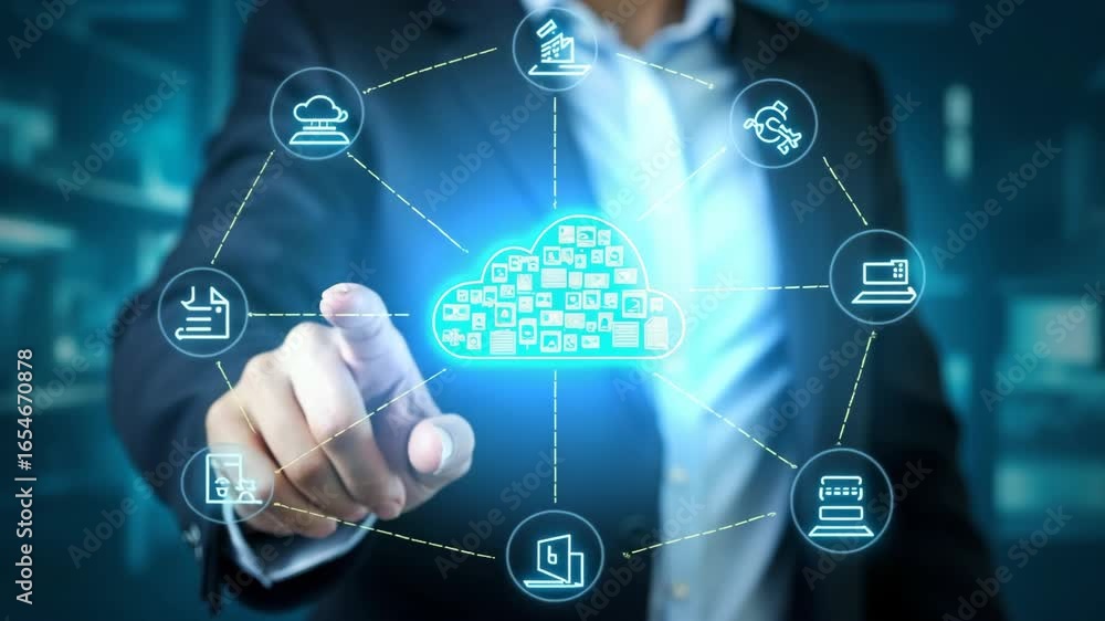 Poster business people touching on cloud computing diagram. cloud technology. data storage. networking and 