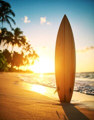 Surfing board on beach at sunset
