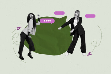 Collage banner of people speaking dance with text box on khaki background
