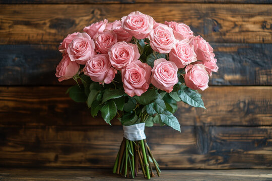 Pink roses on a wooden table.