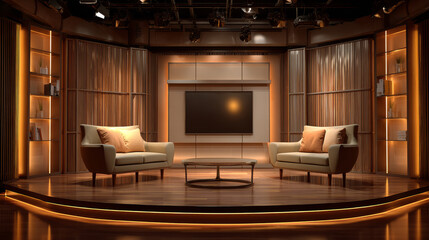 Modern television studio set with two armchairs and a central coffee table, illuminated by warm lighting.