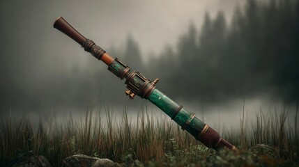 Futuristic weapon outdoors misty landscape