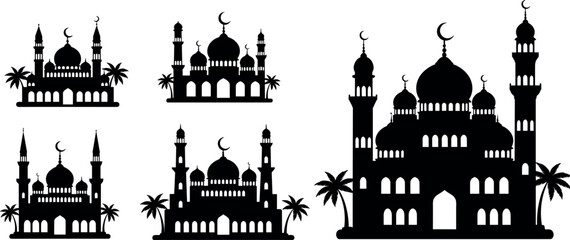 Mosque silhouette collection, Islamic architecture design, crescent moon symbols, palm trees, religious building vector, black and white illustration