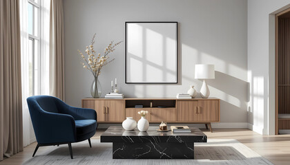 A living room with a blue chair a black marble coffee table and a blank picture frame on the wall