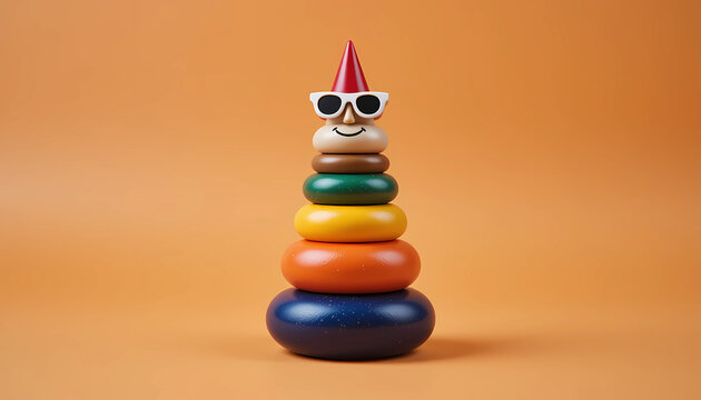 A colorful wooden ring stacker toy with a face sunglasses and party hat on an orange background