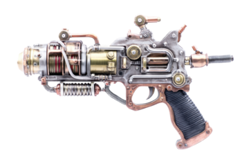 Futuristic steampunk gun workshop prop design studio close-up