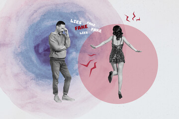 Image art collage of people having fake news phrase on pink background