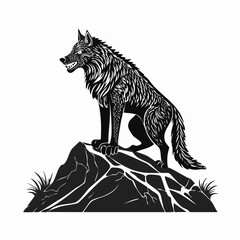 Fototapeta premium Ferocious wolf monster sits on a large rock while stalking its prey image vector isolated on white background.
