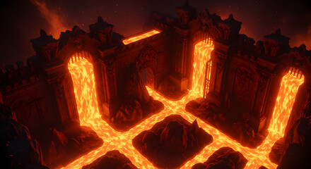 Fantasy landscape with glowing lava streams flowing through a massive stone gate.