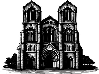 Engraved illustration of romanesque church facade with twin towers for historical architecture design
