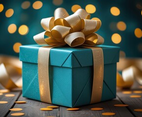 Teal Gift Box With Gold Ribbon And Bow On Wooden Surface With Bokeh present turquoise