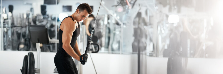 Man Exercising in Gym Wide Banner with Copy Space
