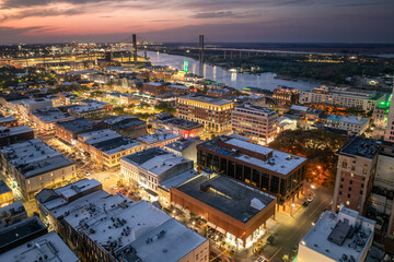 Aerial view of Broughton Street in Savannah, old historical city in Georgia. Southern American...