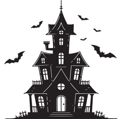 Haunted House with Bats, Halloween Vector Illustration black and white