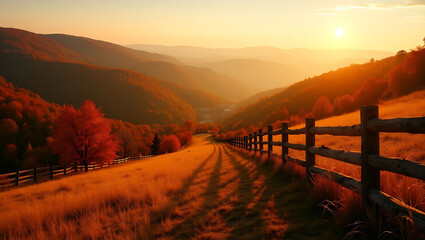Fototapeta premium Autumnal Hills with Wooden Fence at Sunset