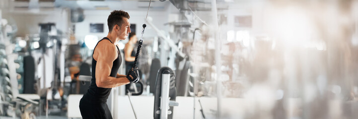 Man Exercising in Gym with Copy Space Wide Banner
