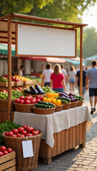 A blank, horizontal signboard hangs above a stall at a bustling farmers' market. The stall is filled with fresh, colorful vegetables and fruits, showcasing an abundance of healthy, organic produce.
