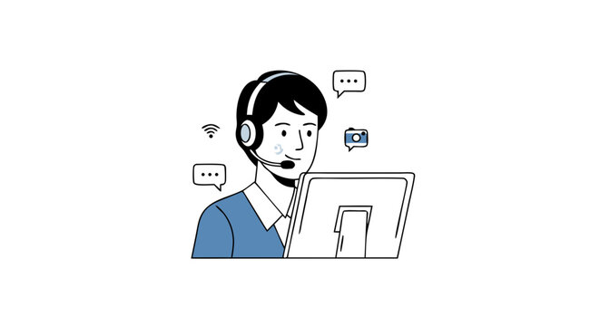 Illustration of a customer support representative wearing a headset working on a computer with communication icons