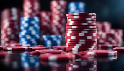 A close up shot of stacked red and white poker chips with blue chips in the background on a table