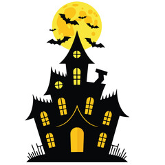 Haunted House with Bats and Full Moon, Halloween Vector Illustration