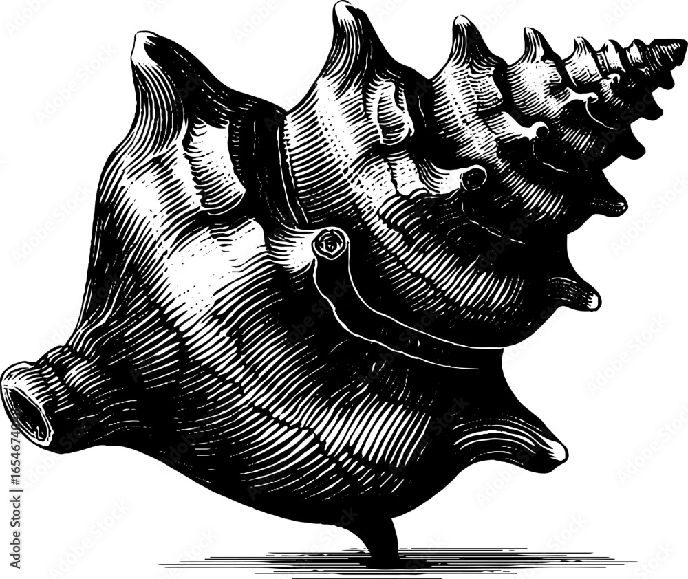 Poster intricate engraved illustration of conch seashell with spiral pattern design for art projects