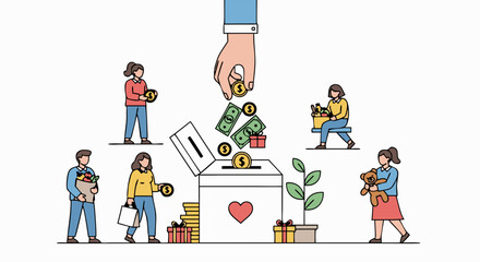 Illustration of charitable donations and giving behavior depicting diverse individuals contributing money and gifts to support a cause through a