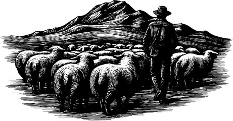 Fototapeta premium Shepherd with flock in mountainous landscape, engraved vintage sketch hand drawn design. 