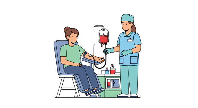 Medical Blood Donation Procedure with Healthcare Professional and Patient in Clinic Setting illustrating blood collection process for donation and